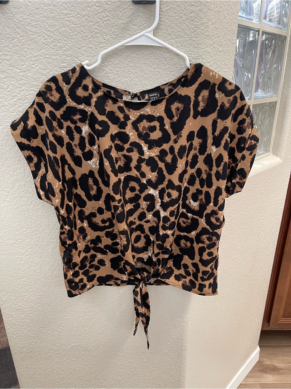 SHEIN Leopard Tie-Front Short Sleeve Top - Brown/Black